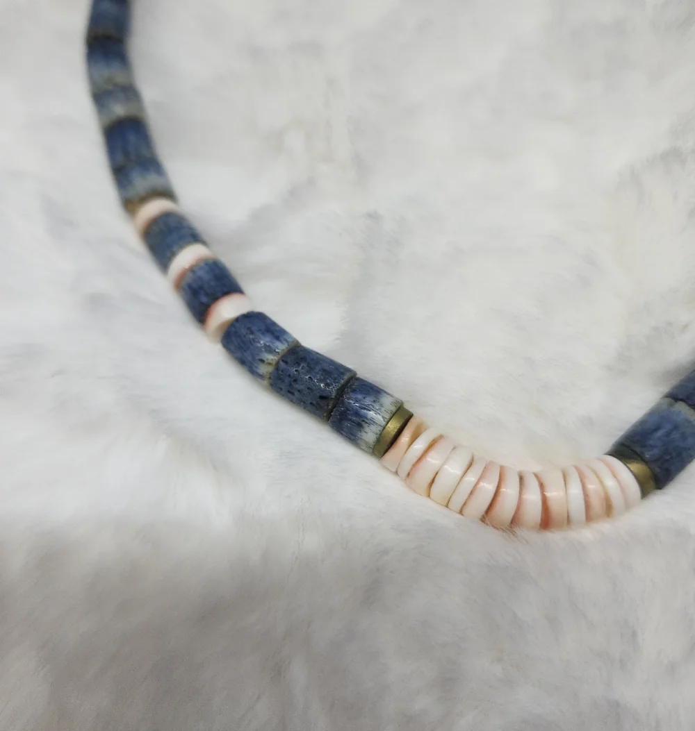 Antique Blue Coral and Shell Beaded Necklace - Picture 5 of 7